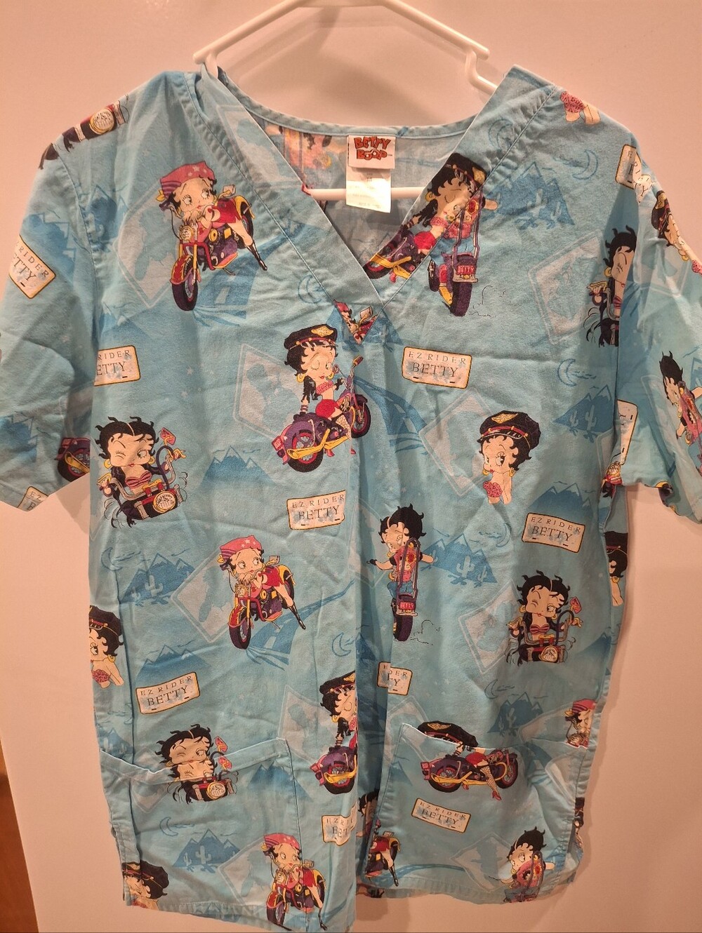 Betty Boop Blue Motorcycle Print Scrub Top